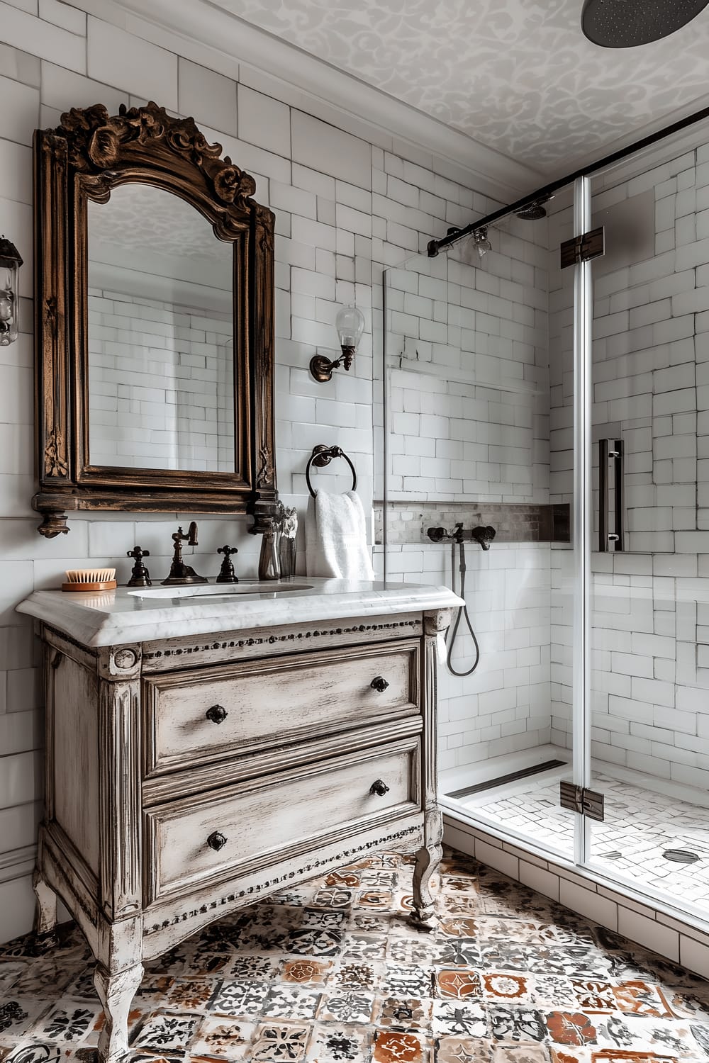 A vintage-inspired bathroom showcasing a mix of antique and modern features. A large ornate vanity painted in a matte cream color dominates one wall, featuring a drop-in sink, shiny silver faucets, and a tinted mirror with a distressed frame. Adjacent to the vanity is a sleek glass shower enclosure with black frame and fixtures. The floor is covered in colorful patterned tiles in a geometric pattern. The bathroom benefits from soft, natural light that enhances the vibrant hues of the tiles and the warmth of the wooden wall paneling.