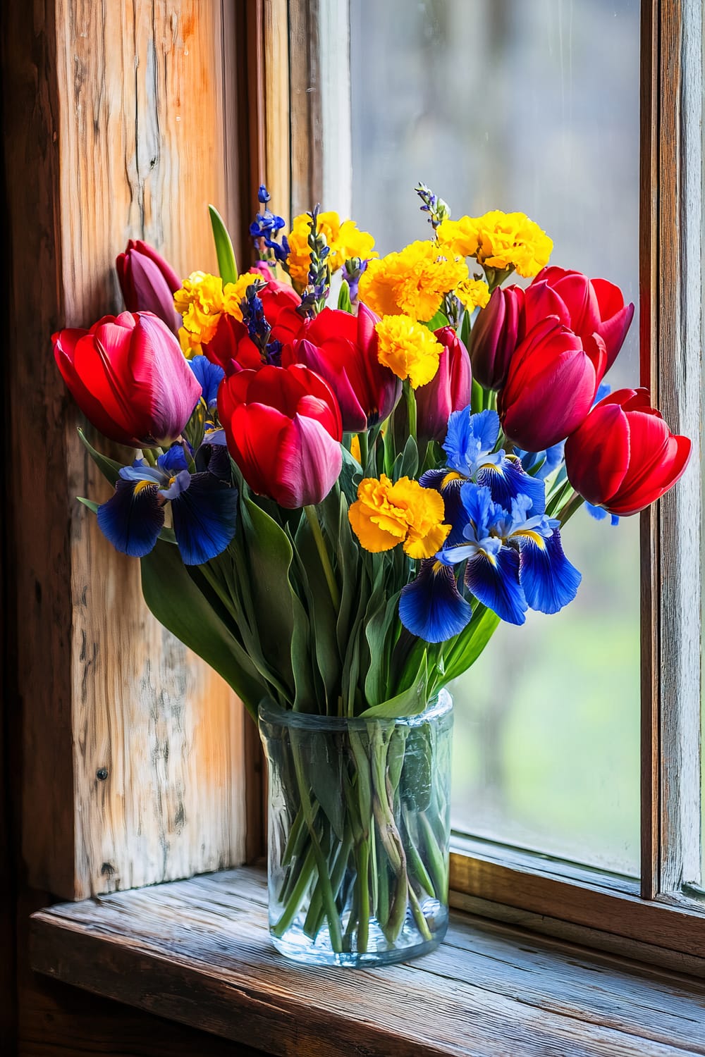 A colorful vase with a mix of red tulips, yellow marigolds, and blue irises displayed on a rustic wooden windowsill. The rustic window frame adds a natural, organic charm to the arrangement.