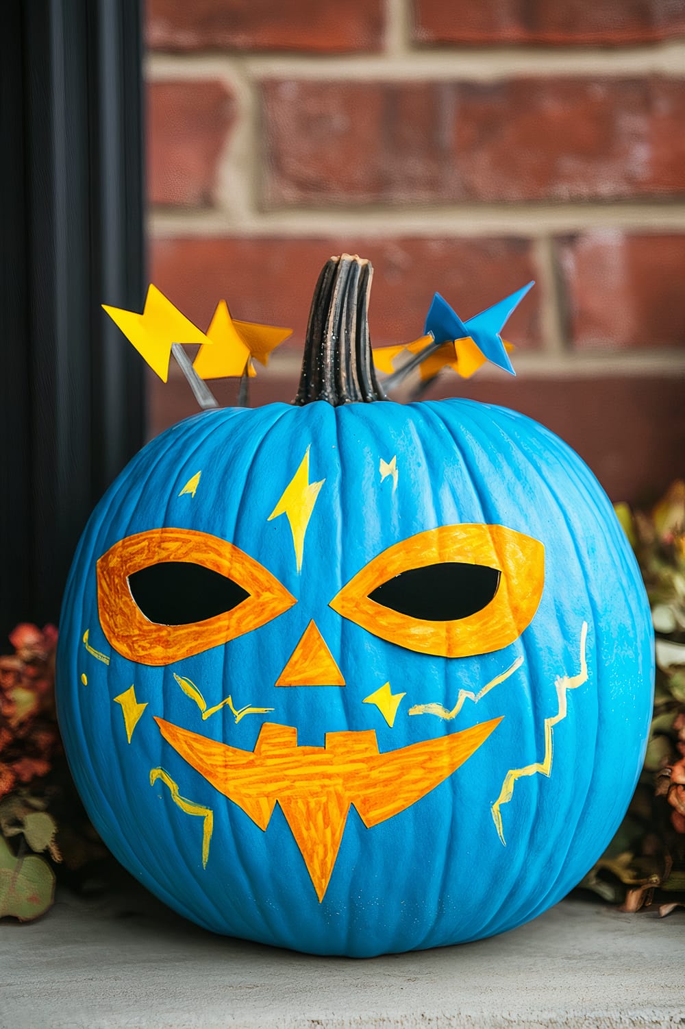 A blue pumpkin with an orange painted face featuring angular eyes, nose, and mouth, accented with yellow lightning bolt designs. The pumpkin has yellow and blue star-shaped decorations attached to its stem. The background consists of a brick wall and some plants.