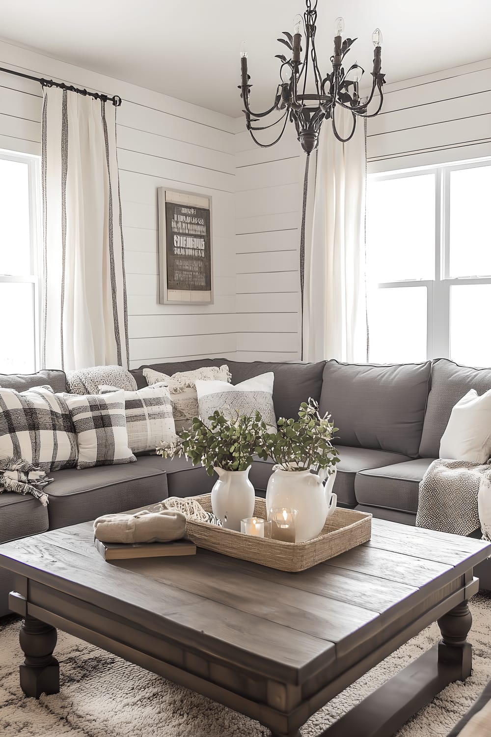 A contemporary farmhouse-style living room featuring white shiplap walls and contrasting dark wood elements. In the center of the room is a comfortable gray sofa decorated with plaid throw blankets. In front of the sofa is a wooden coffee table adorned with vintage decor. Natural light floods in from a large window cloaked with linen curtains, complementing the soft, warm lighting emanating from an overhead rustic chandelier.