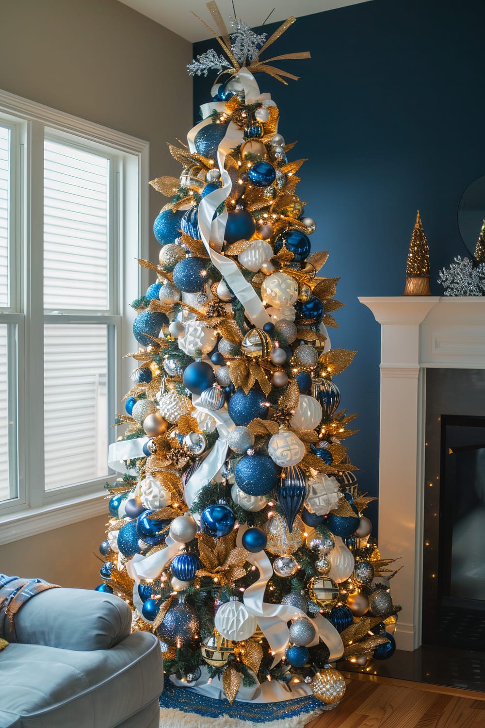 A beautifully decorated Christmas tree adorned with blue, gold, and white ornaments stands elegantly in a living room. The tree features an array of large and small baubles, glittering golden leaves, and silver accents, all illuminated by warm white lights. A flowing white ribbon is entwined around the tree, while a sparkling topper featuring golden sprays crowns it. The setting includes a window to the left, a grey upholstered chair in the foreground, and a white mantel to the right with decorative gold cone trees and silver accents, all set against a navy blue wall.