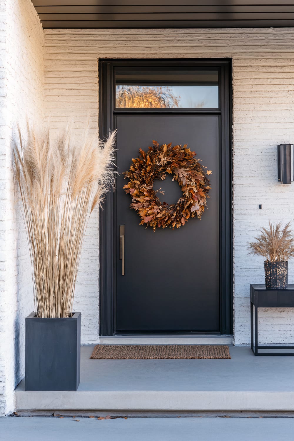 A modern front door entrance features a black door adorned with an autumnal wreath composed of dry leaves in shades of brown and orange. To the left of the door, a tall rectangular planter holds a cluster of tall, feathery pampas grass. On the right side, a small black table holds a vase with similar pampas grass. The surrounding walls are white with a textured finish, and a rectangular sconce light fixture is mounted on the right side wall above the table. A natural fiber doormat lies in front of the door on the gray concrete step.