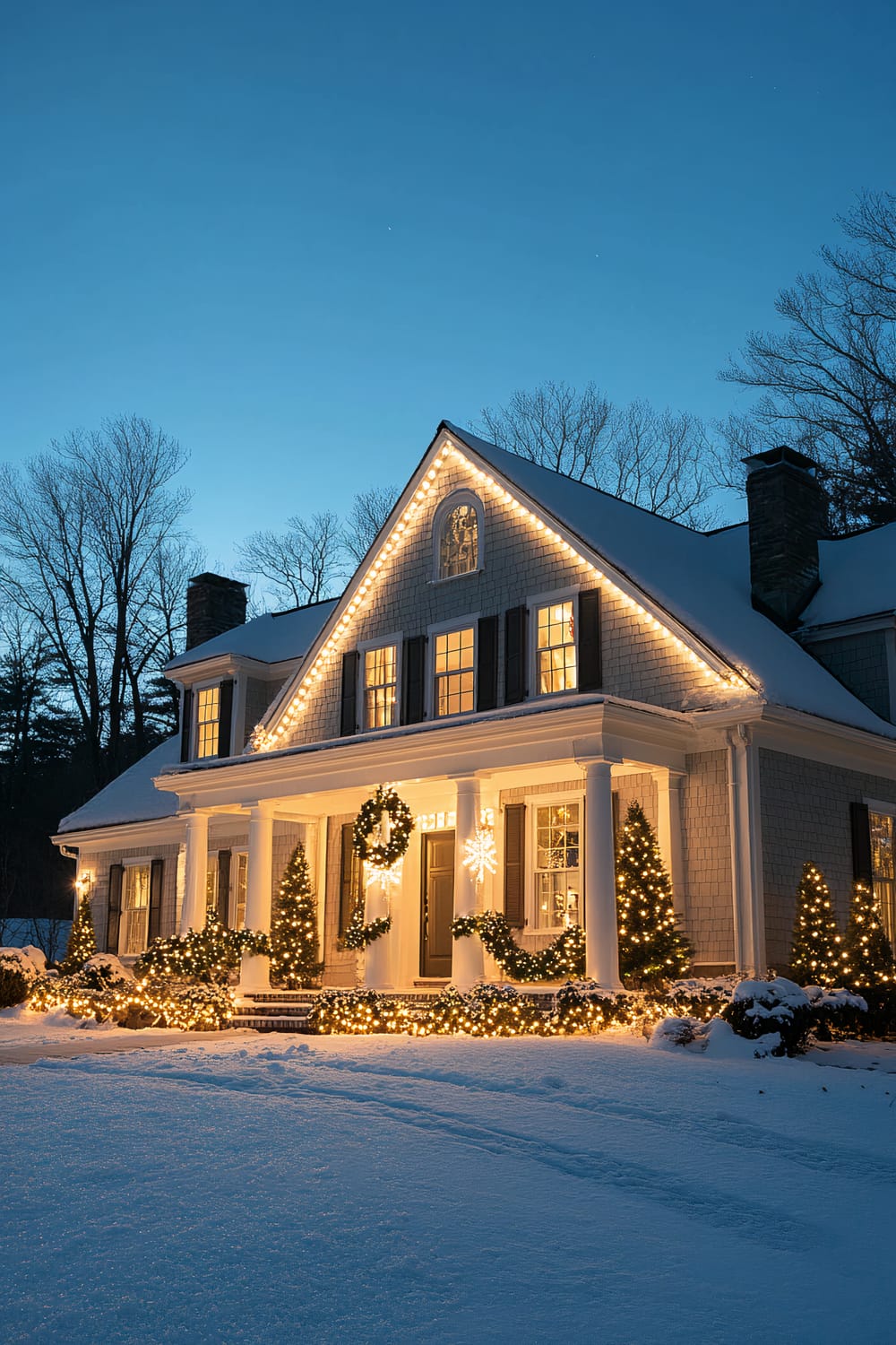 A Colonial home decorated with white LED Christmas lights on a snowy evening. The house features a symmetrical facade with large front pillars and several windows, each adorned with wreaths and garlands. The trees and bushes outside are also lit up, adding a festive touch.