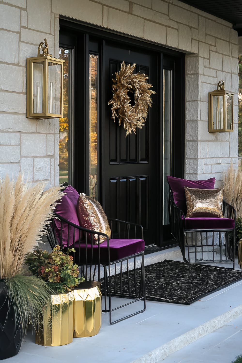 A front porch decorated with modern furnishing. The entrance features a large black door adorned with a golden wreath. On either side of the door are black metal chairs with purple velvet cushions and metallic gold pillows. Golden lanterns are mounted on the light gray stone walls on both sides. There are potted plants, including tall pampas grass and greenery, flanking the chairs. A black doormat is placed in front of the door, and a small gold side table sits beside the chairs.