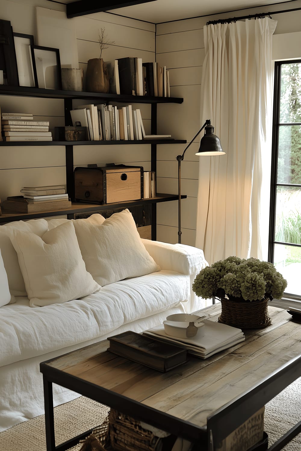 A warm and inviting farmhouse-style living room bathed in a soft, natural light. The decor features a cream-coloured linen loveseat, a heavy-set wooden coffee table made of reclaimed barn wood, and a vintage style black metal floor lamp. A generously large bay window with white layered curtains lets light stream in from two sides. Black metal accents are visible on a series of shelving units that dress the room.