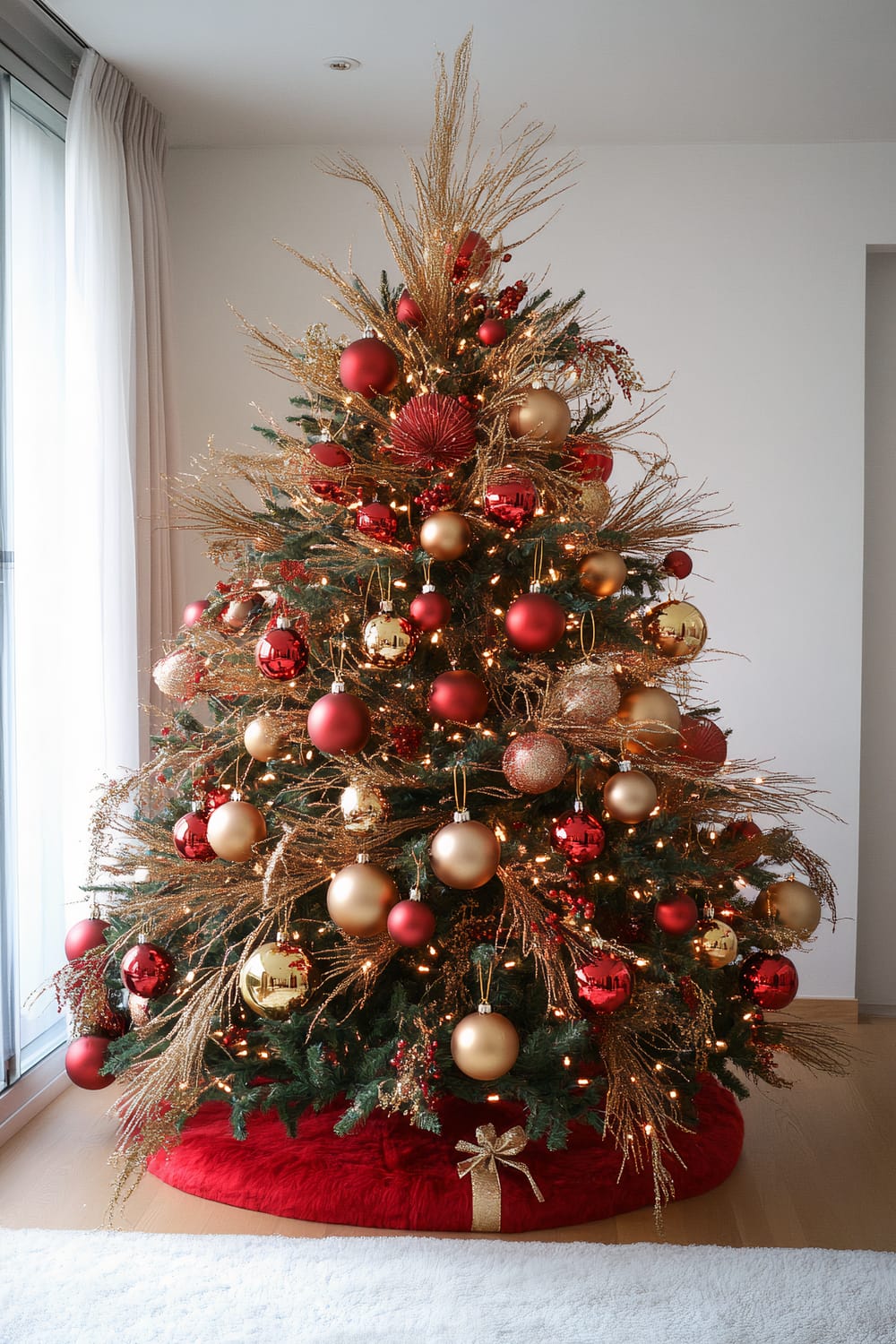 A decorated Christmas tree stands in a well-lit, modern room. The tree is adorned with red and gold ornaments, with golden branches and twinkling fairy lights enhancing its festive appearance. A red, plush tree skirt with a gold ribbon bows wraps around the base. The room has a minimalist décor with sheer white curtains covering a large window on the left side and a white, plush rug on the light wooden floor.