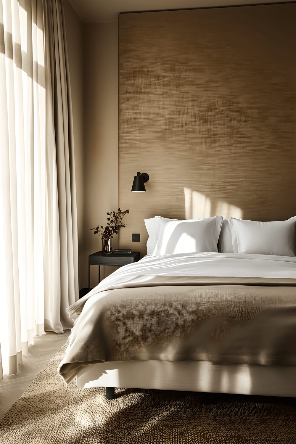 An upscale, modern apartment bedroom with light color scheme. The room features a textured, upholstered bed with crisp white linens, positioned next to a sleek metal bedside table. On the table, a minimalist black lamp is visible, along with a few other tastefully arranged items. A large, soft natural light coming from an adjacent window gently illuminates the room, creating subtle shadows and emphasizing its clean, minimalist design.