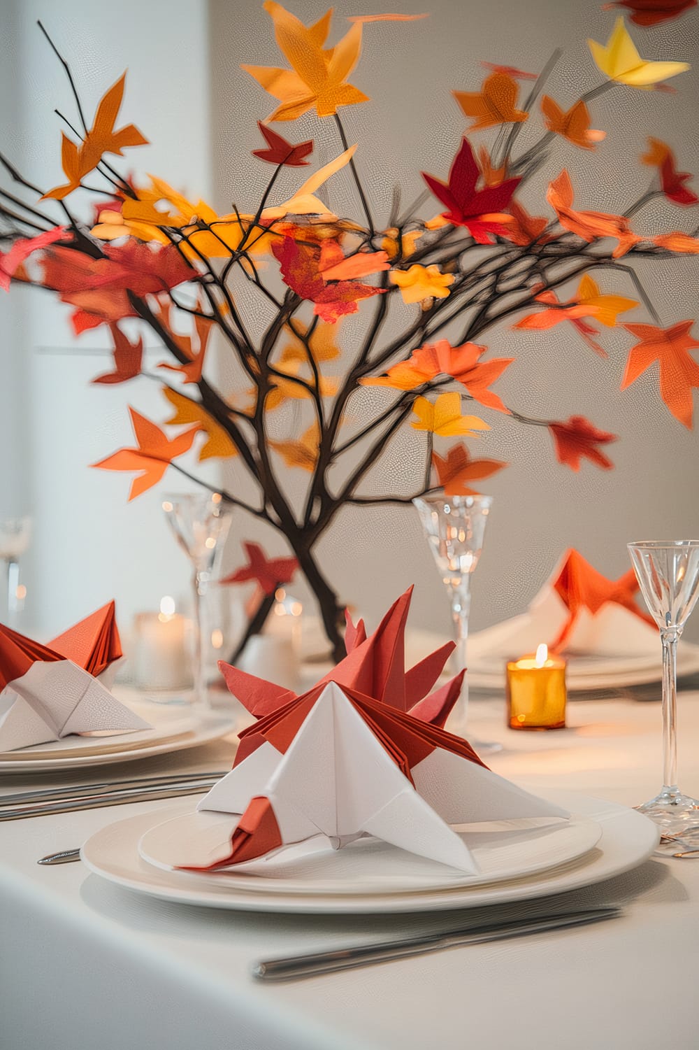 An elegantly set dining table features meticulously folded orange and white origami napkins resembling flowers on white plates. The table is accented with slender glassware, silver utensils, and a centerpiece of autumnal branches with yellow, orange, and red paper leaves. Lit candles in white and amber holders add a warm glow.