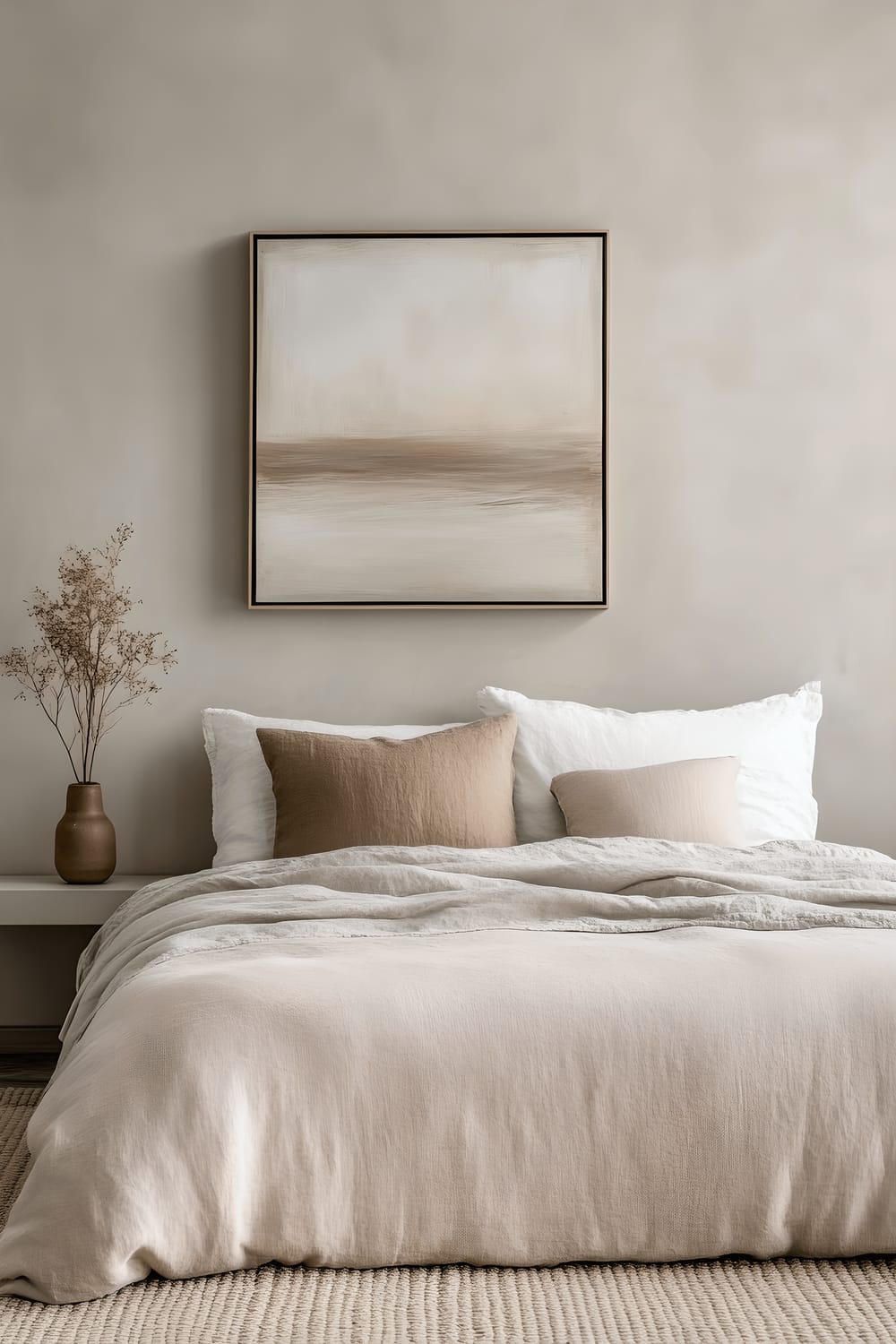 A minimalist bedroom with a soft blush linen duvet on the bed. Above the bed hangs a framed abstract art piece with neutral tones. To the side of the bed, there's a sleek floating nightstand featuring a warm-toned ceramic vase with a single dried hydrangea stem.