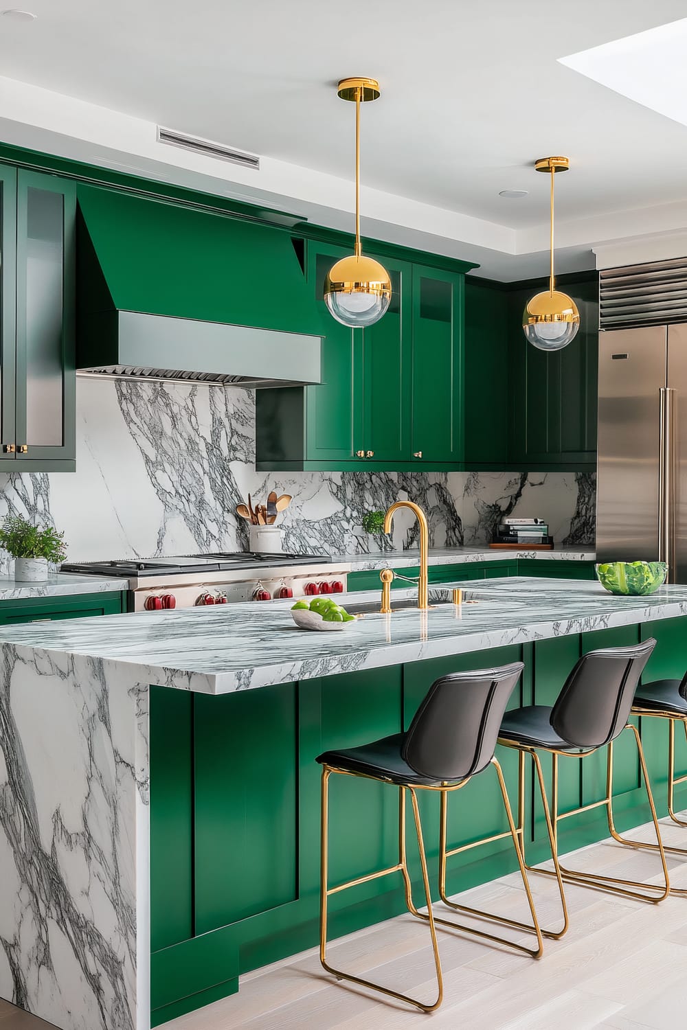 A contemporary kitchen features bold green cabinets and a large island with a marble countertop and matching backsplash. Gold fixtures, including pendant lights and a faucet, add a touch of luxury. Three black bar stools with gold legs are positioned at the island. A stainless steel stove and refrigerator are integrated seamlessly into the design, with potted plants and kitchen utensils providing functional decor.