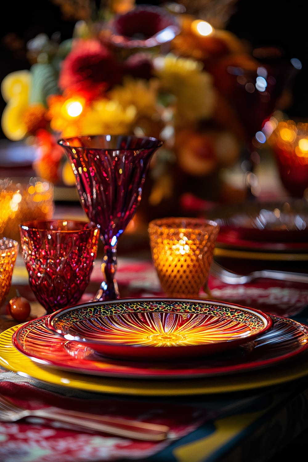 An elegantly arranged Thanksgiving table with a carnival theme, featuring rich crimson and bright yellow colors. The table is adorned with playful patterned plates, colorful glassware in shades of red and orange, and dynamic lighting that highlights the vibrant elements. A centerpiece of brightly colored flowers adds to the festive atmosphere.