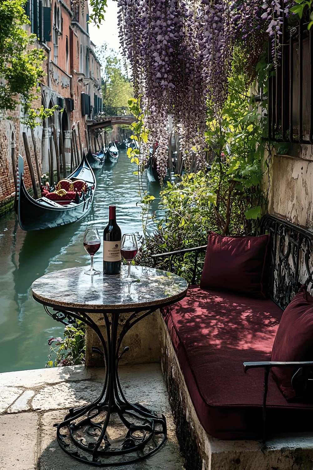 A small stone patio in Venice situates beside a calm water canal. It features a wrought-iron bench with burgundy cushions. A marble table in front of the bench holds a carafe of wine and two glasses. Overhead, wisteria provides shade and contrasts the scene with its greenery and violet flowers. In the channel, gondolas can be seen gently floating by, further setting the tranquil scene.