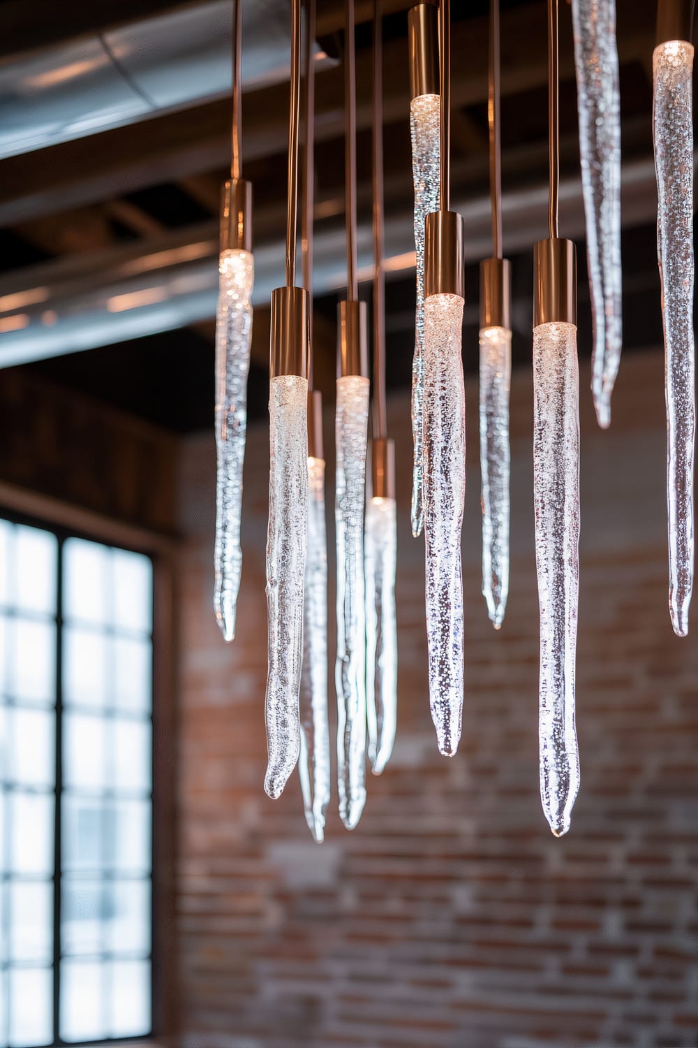 White glass icicle ornaments hanging from a bronze metal beam in an industrial-style loft with brick walls and large windows, illuminated by natural light.