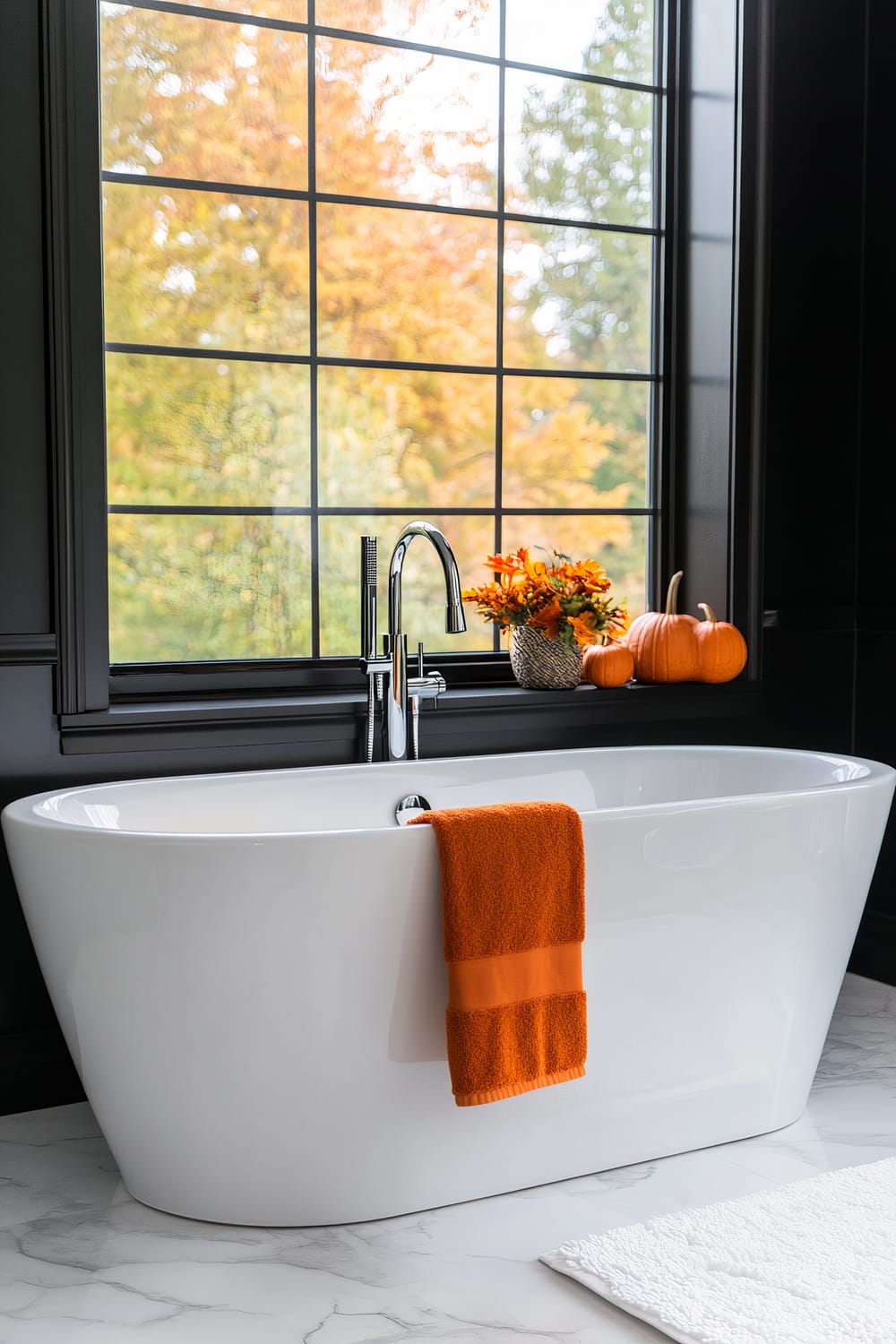 A freestanding white bathtub positioned against a large window with black framing, showcasing a view of autumn foliage. The bath has a modern chrome faucet and an orange towel draped over the side. On the windowsill, there are two pumpkins and a vase with orange flowers, adding a seasonal touch. The floor is white marble with grey veining, and a white bath mat is placed in front of the tub.