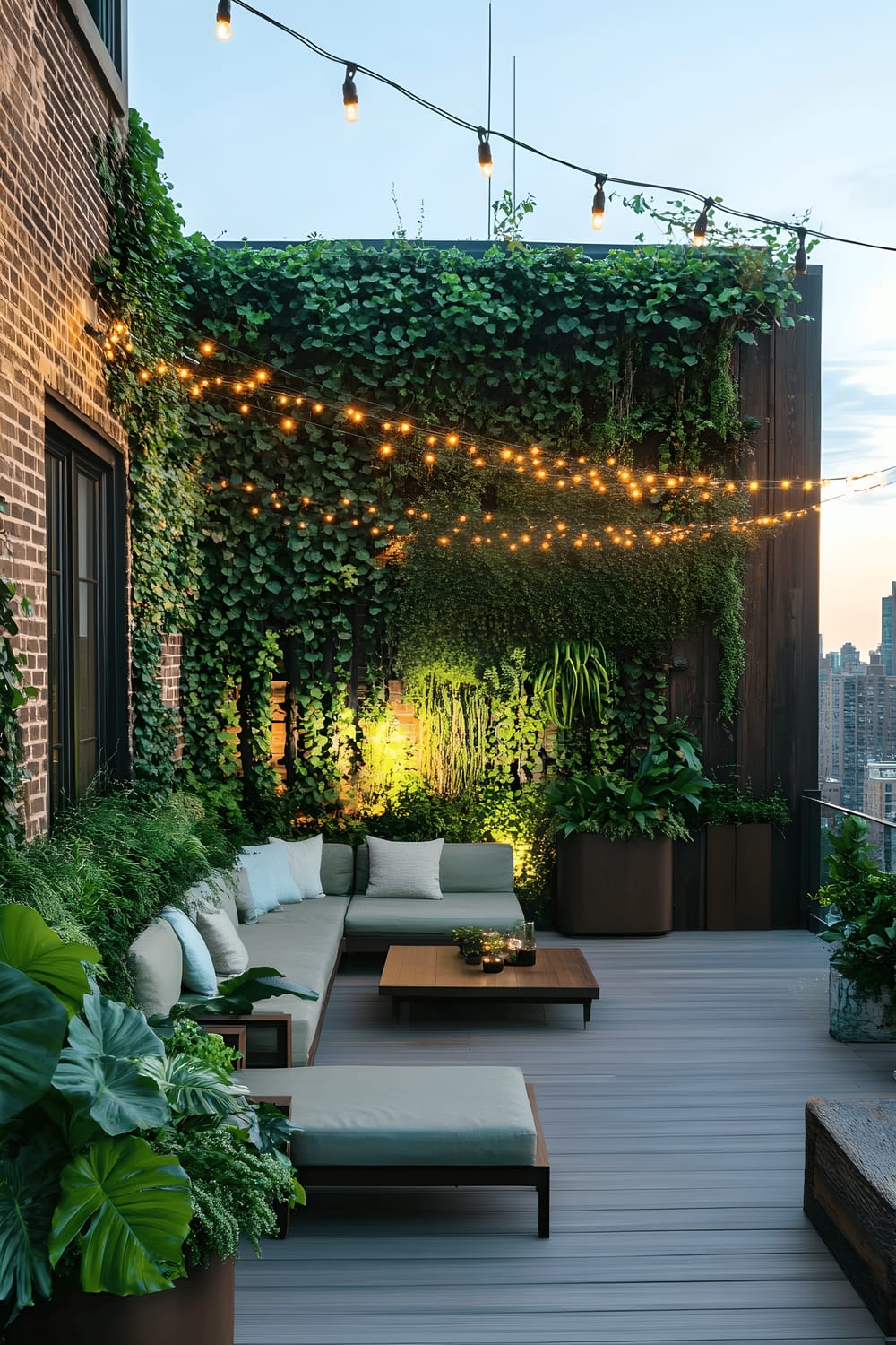 A high-rise rooftop converted into a verdant oasis with creamy Edison lights illuminating a contemporary wooden deck. Large ceramic planters are teeming with tropical banana trees and monstera plants, with walls adorned with ivy.