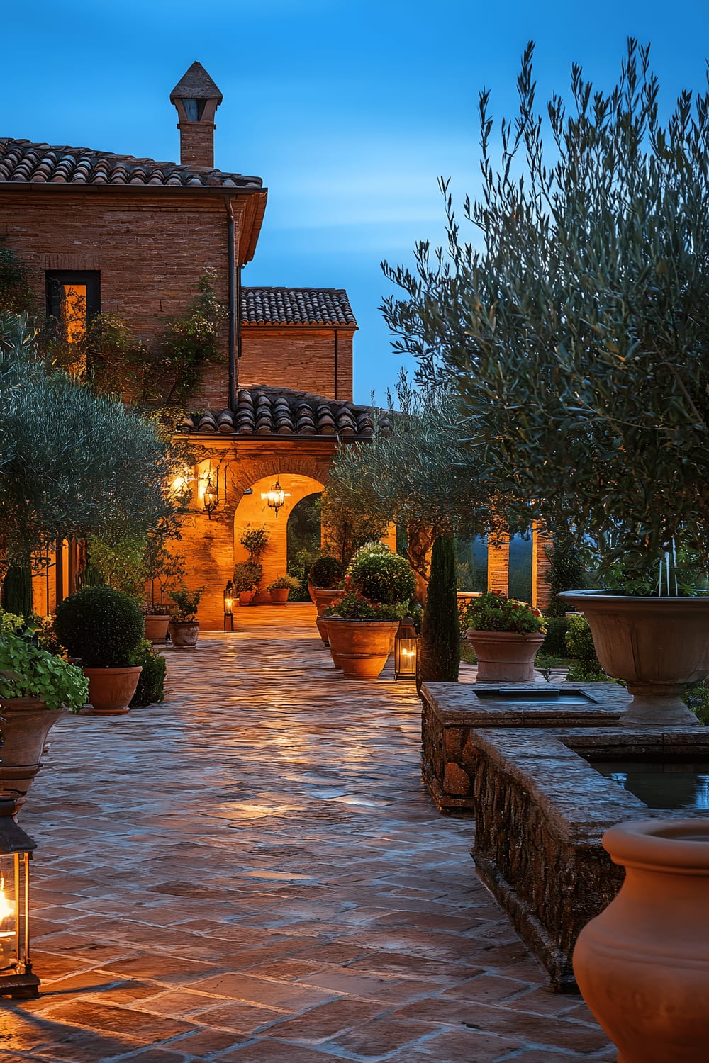 An expansive Mediterranean-inspired garden featuring terracotta tiled paths, old-world stone fountains, potted olive trees, and dimly lit lanterns casting long, dramatic shadows, all under a deep blue twilight sky.