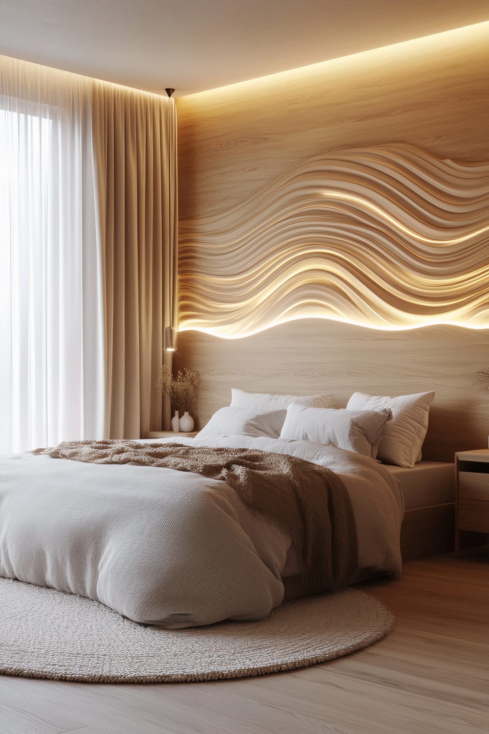 A modern bedroom with light wood flooring, a large bed with white bedding and a textured brown throw blanket, and a striking wooden headboard with embedded LED lights forming wave-like patterns. Soft, natural light filters through sheer curtains, illuminating minimalist bedside tables adorned with simple decor.