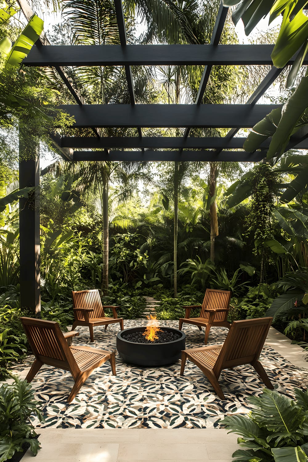 A modern outdoor seating area featuring a patterned tiled patio, four wooden lounge chairs around a sleek black fire pit, and a minimalist pergola overhead. Surrounding the area are lush tropical plants and ferns with hexagonal stepping stones leading into the tranquil garden retreat.