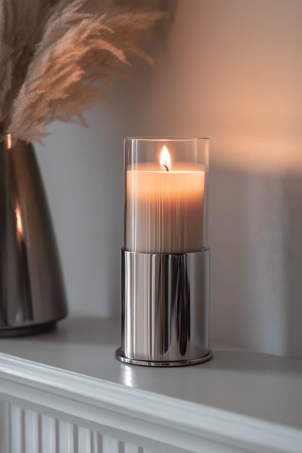 A modern silver metal candle tower with a pastel pink candle on a minimalistic white mantel.