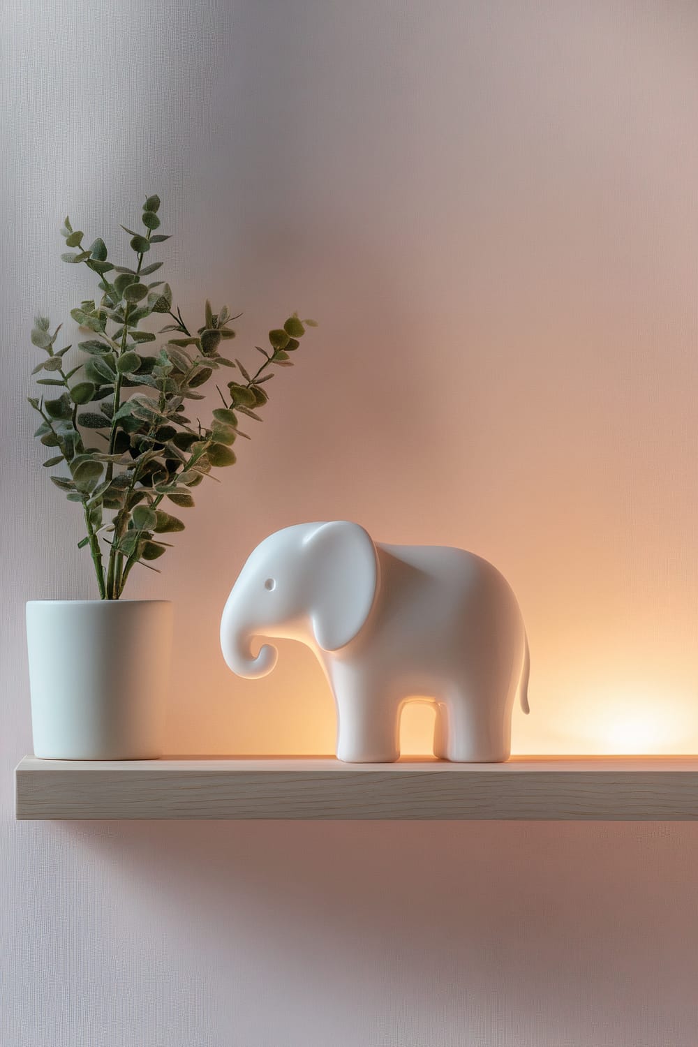 A porcelain ceramic elephant figurine placed on a Scandinavian wooden shelf, accompanied by a small potted plant. The shelf is set against a soft pastel wall, with ambient lighting highlighting the scene.