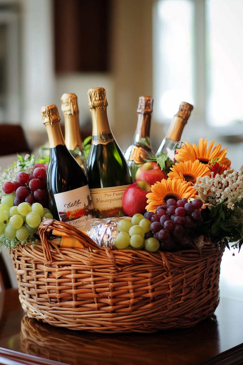 An ornate wicker gift basket filled with three bottles of sparkling wine, clusters of green and red grapes, bright red apples, sunflowers, and leafy greenery, displayed on a wooden table with a blurred background of a well-lit room.