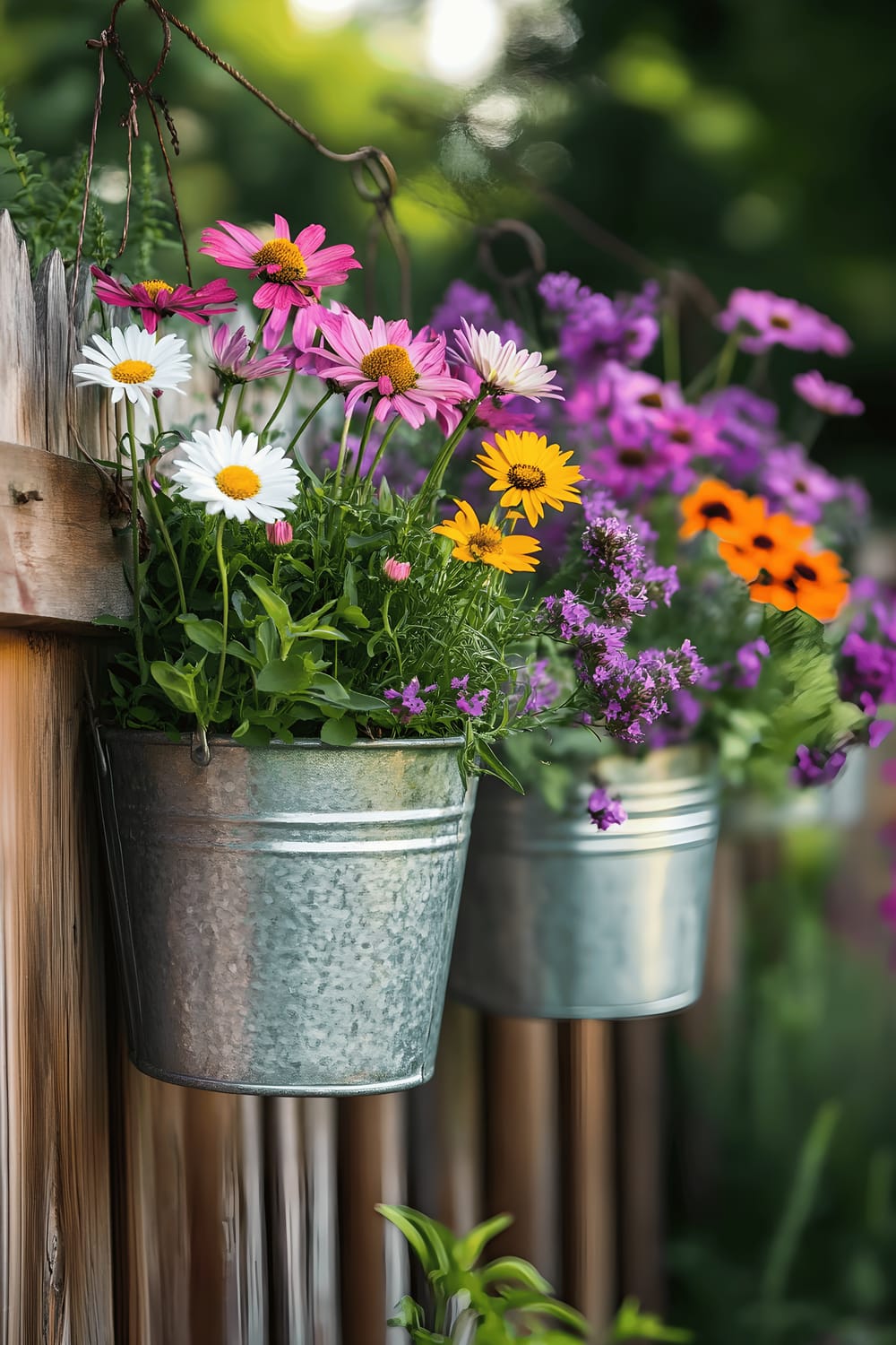 A rustic wooden fence showcasing a collection of galvanized tin buckets repurposed as planters, each one filled with vibrant blooms including daisies, echinacea, and lavender, creating a charming countryside garden scene.