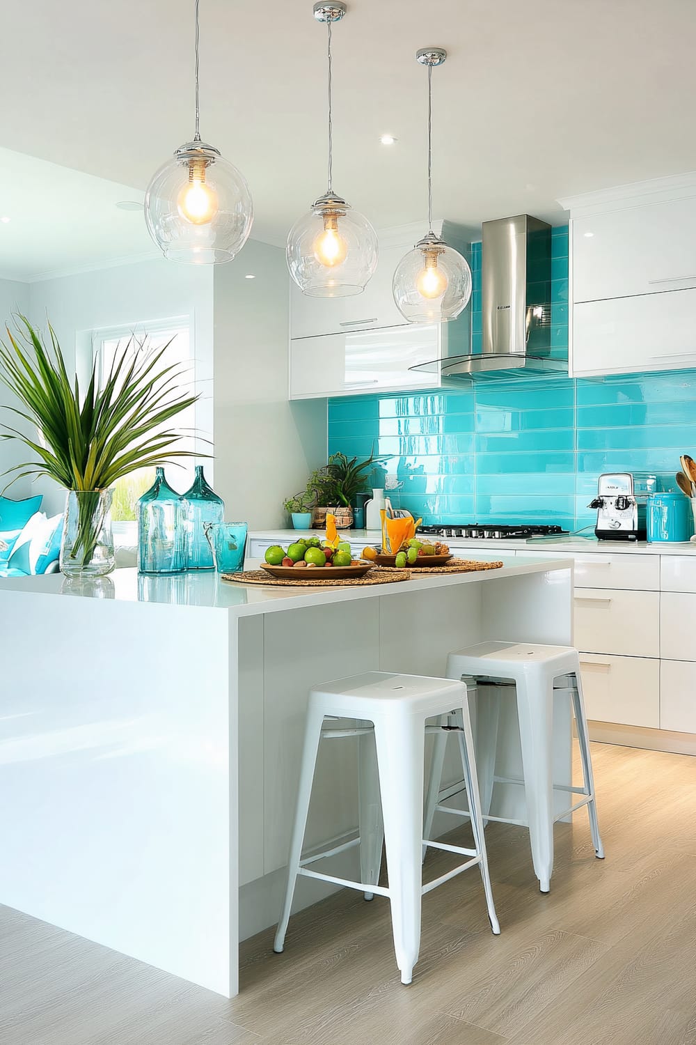 A modern kitchen scene featuring glossy white cabinetry and a central island with two white bar stools. The backsplash is a striking aquamarine tile, creating a fresh, vibrant aesthetic. Three glass pendant lights hang above the island, emitting a warm glow. The island is adorned with turquoise glass bottles, a glass vase with green plant leaves, and a serving tray with assorted fruits and glasses of juice. Stainless steel appliances, including a vent hood and a coffee maker, are set against the aquamarine backdrop. Light wood flooring and a large window contribute to the room’s airy and bright ambiance.