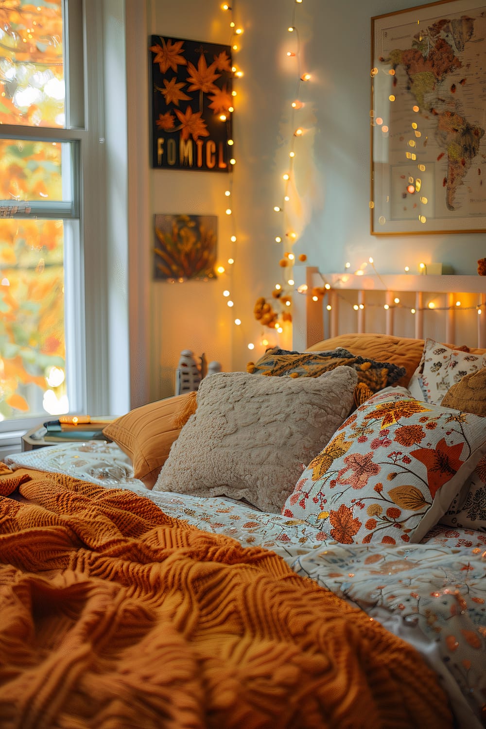 A cozy bedroom setting with an autumnal theme. The bed is adorned with an orange knitted throw blanket and several pillows, including ones with autumn leaf patterns and a fluffy beige pillow. Warm fairy lights are strung above the bed on the wall, adding a soft glow to the room. Above the bed, there are framed artworks and a map. A large window shows the colorful fall foliage outside.