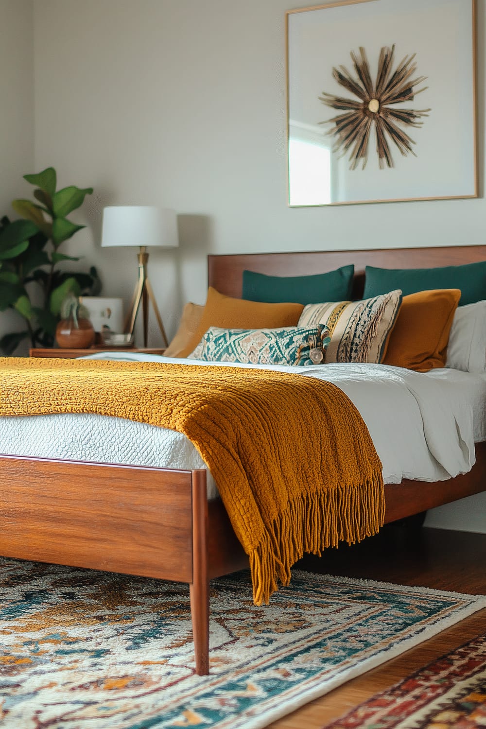 A well-decorated bedroom features a wooden bed frame with a white quilt, mustard-colored throw blanket, and an arrangement of pillows in contrasting earthy tones and patterns. A large framed artwork with a starburst design hangs above the bed. To the left of the bed, a stylish tripod floor lamp with a white shade sits on a small wooden nightstand along with a ceramic planter, besides lush green foliage from a houseplant. The room also highlights a richly patterned area rug with a blend of vibrant colors and intricate designs on the floor.