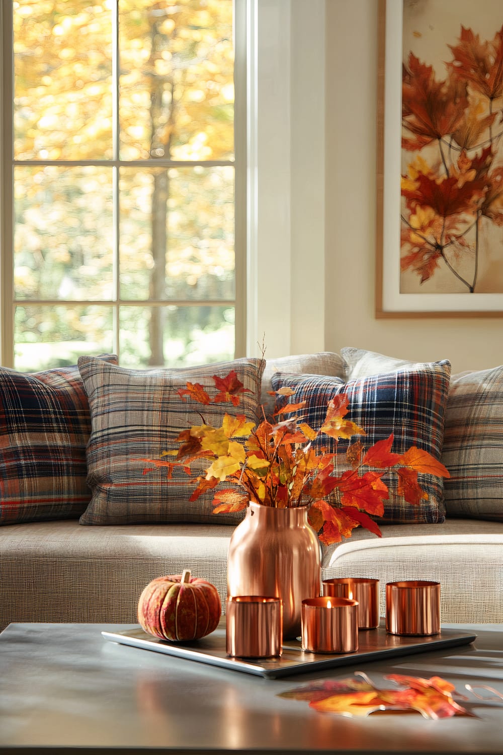 A modern living room with a minimalist sofa adorned with plaid cushions, a steel coffee table featuring a copper vase with autumn leaves, several copper candles, and a decorative fabric pumpkin. The walls showcase vibrant fall-themed artwork, and large windows allow natural light to brighten the room.