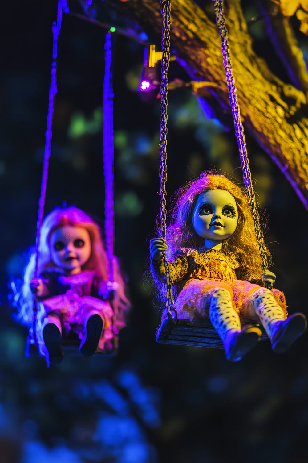 A Halloween decoration featuring two lifelike dolls with sinister expressions sitting on swings hanging from a tree. The dolls are illuminated by vivid colored spotlights, one in bright yellow and the other in deep purple, casting dramatic shadows. The eerie lighting contrasts with the dark background, highlighting the dolls' creepy features.