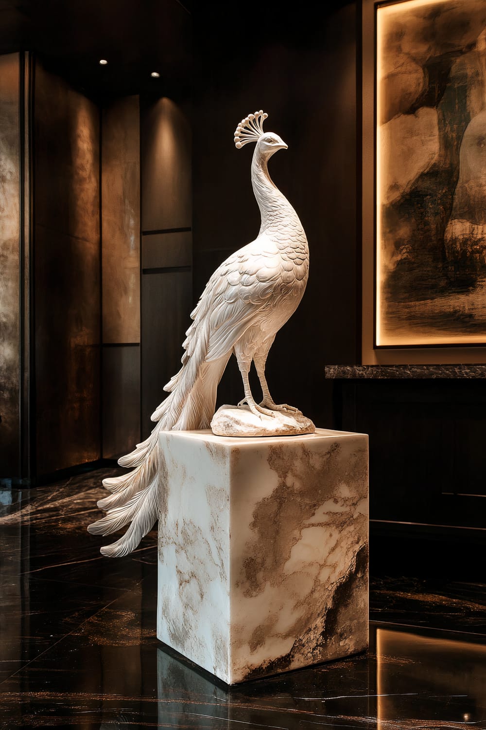 A white porcelain peacock ornament is displayed on a polished stone pedestal in a luxe, art gallery-inspired living space. The peacock has intricate feather details and is beautifully illuminated by focused spotlighting. The background features dark walls with soft lighting and a large piece of abstract art.