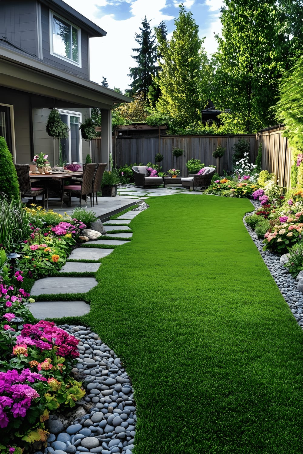 A well-maintained backyard featuring a large green lawn surrounded by a variety of colorful flowerbeds, shrubs and ornamental grasses. There is a stone pathway winding through the garden connecting a seating area in one corner to a dining table and chair set. The boundary is marked by a wooden fence with tall bushes and trees providing a sense of privacy. The house can be seen at the edge, accentuated by potted plants on the patio.