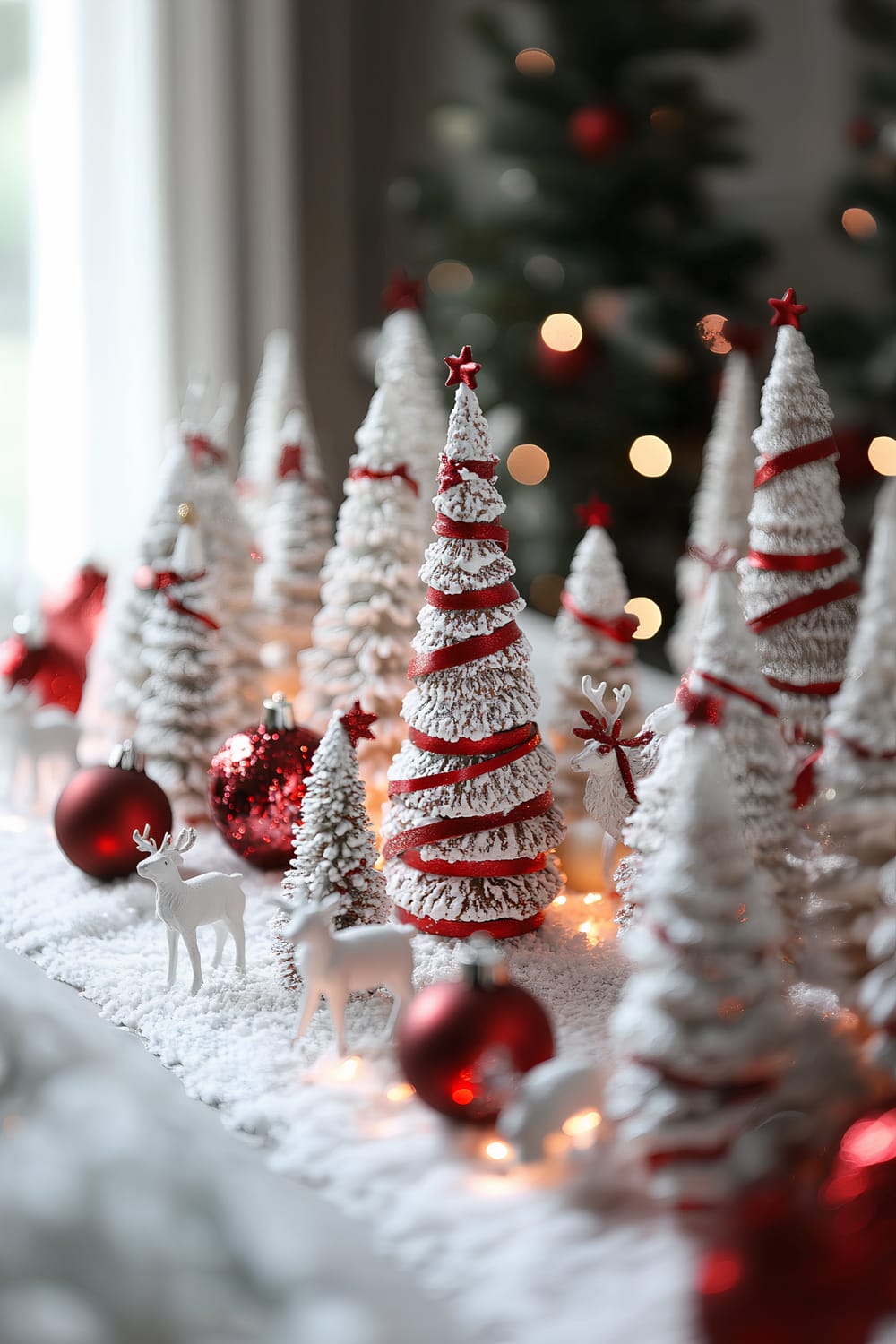 An arrangement of white tabletop Christmas trees wrapped in red ribbon resembling candy canes, with scattered small red and white ornaments and a few white reindeer figurines at the base. Fairy lights are integrated to add a sparkling effect.