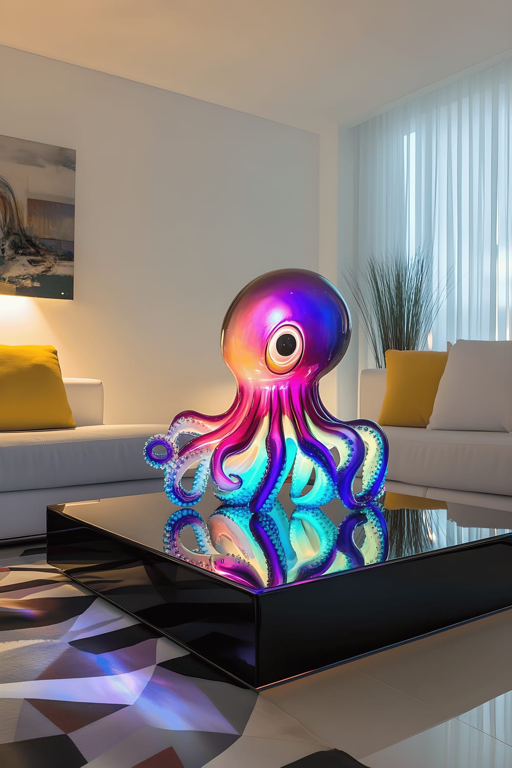 A modern living room featuring a whimsical octopus lamp with vibrant purple and teal tentacles sitting on a minimalist black glass coffee table. The lamp casts multicolored shadows on the white walls, creating a playful atmosphere. A sleek white sofa with a bright yellow cushion and a geometric-patterned rug further enhance the room's contemporary style.