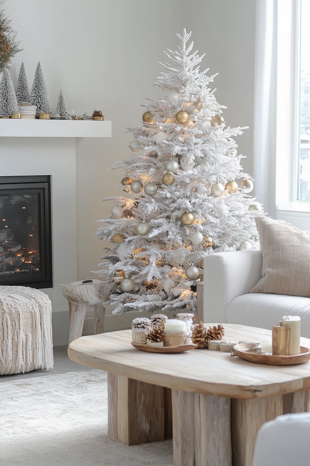 A serene living room decorated for the winter holidays. A white, flocked Christmas tree adorned with gold and silver ornaments is the focal point. The room features a light-colored sofa with a tan pillow, a rustic wooden coffee table with candles and pine cones, and a soft beige throw blanket. Above the white fireplace mantle, there are miniature snow-covered trees and festive decorations. Large windows allow natural light to filter in, enhancing the room's bright and airy feel.