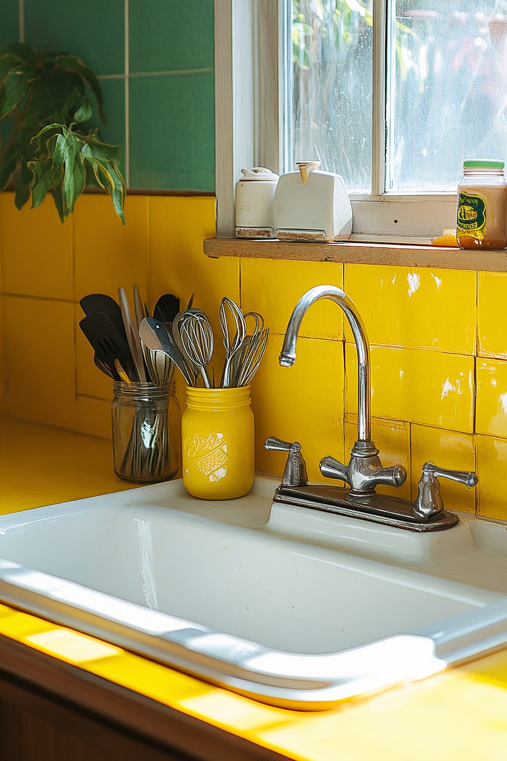 Close-up of a 1950s kitchen sink area with white porcelain sink, three vintage mason jars filled with utensils, a bright yellow backsplash, and natural window light highlighting the area.