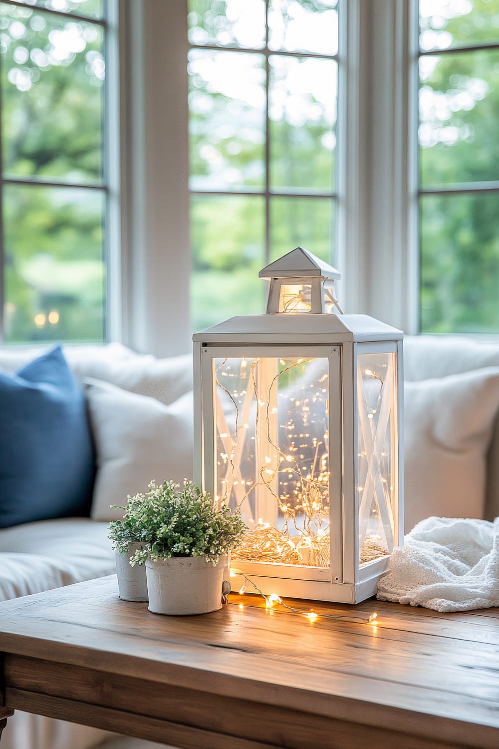 A white metal lantern filled with LED string lights is placed on a wooden coffee table. The lantern is accompanied by two small potted plants and a white knitted throw. The setting is a cozy living room with a white sofa and large windows that let in ample natural light. The background shows greenery outside the windows.