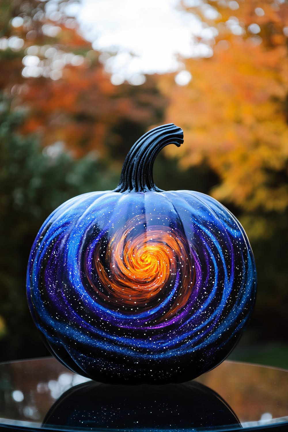 An intricately decorated pumpkin with a swirling galaxy design painted on its surface. The galaxy features bright, fiery orange and yellow colors at its center, fading into deep blues and purples toward the edges, speckled with white stars. The background showcases blurred autumnal foliage in warm hues of red, orange, and yellow.