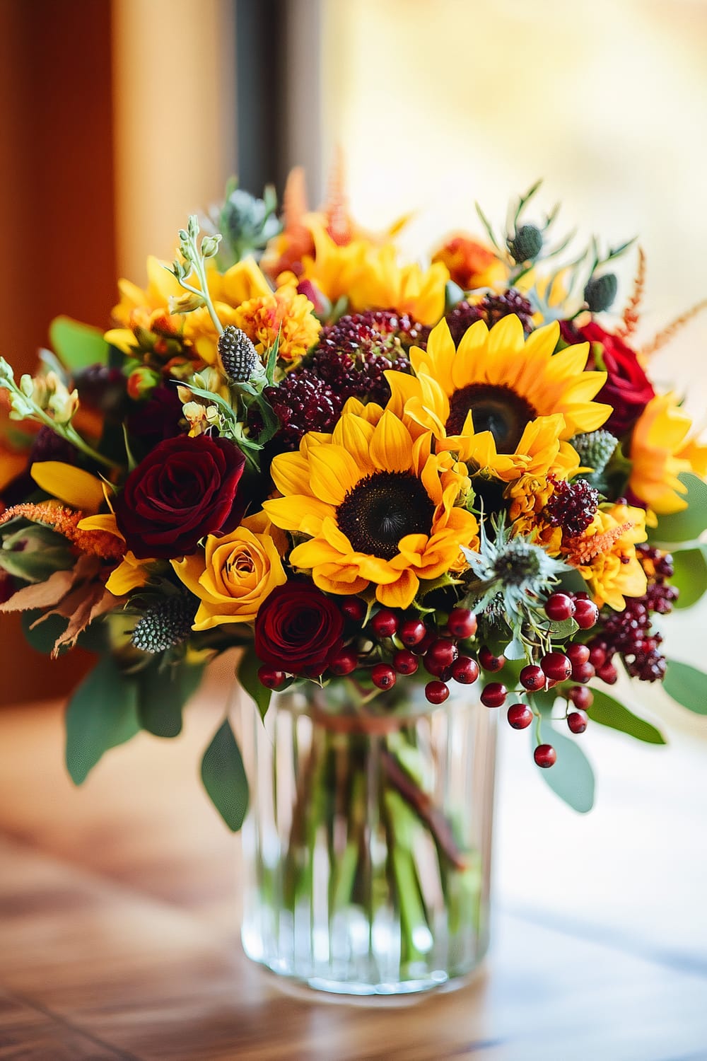 A vibrant bouquet of flowers in a clear glass vase sits on a wooden surface. The arrangement prominently features large sunflowers with bright yellow petals and dark brown centers, interspersed with deep red roses, small red clusters of berries, and various other small floral elements and green foliage. The background is softly blurred, drawing attention to the vivid colors and textures of the bouquet.