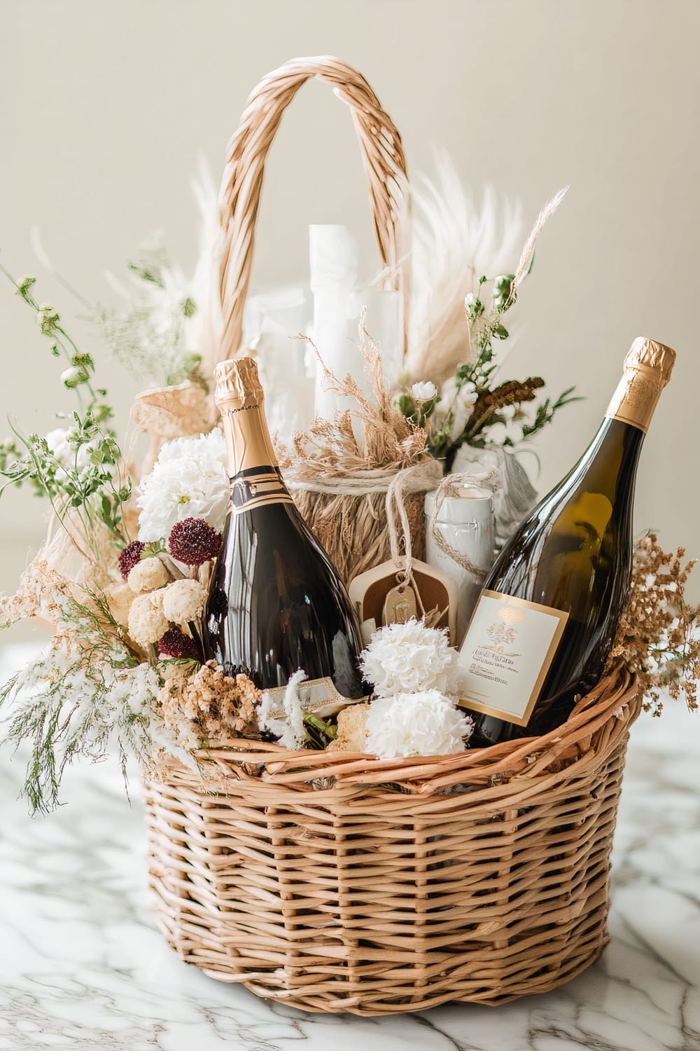 A wicker gift basket rests on a marble surface, featuring two elegant bottles of champagne or sparkling wine prominently displayed at the front. The basket is filled with a variety of natural, earthy elements, including dried flowers, grasses, and plants in muted tones of beige, white, and green. The handle of the basket is also wrapped with dried foliage, creating a charming and rustic aesthetic. Smaller items, possibly gourmet treats or small gifts, are nestled among the decorative foliage.