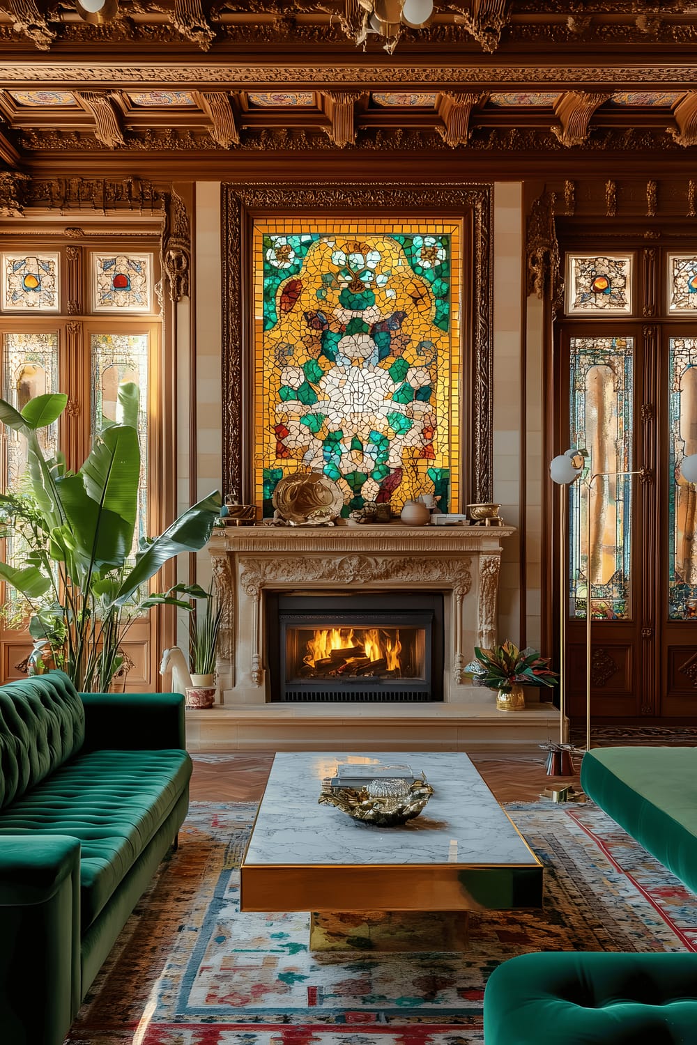 A spacious living room with a central fireplace decorated with multicolored trencadís patterns, ornate wooden moldings, an emerald green velvet sofa, and a marble coffee table. A stained glass window with floral designs shines multi-hued light across the room, and brass floor lamps stand beside the table. The room's overall vibe feels influenced by Antoni Gaudí's style.