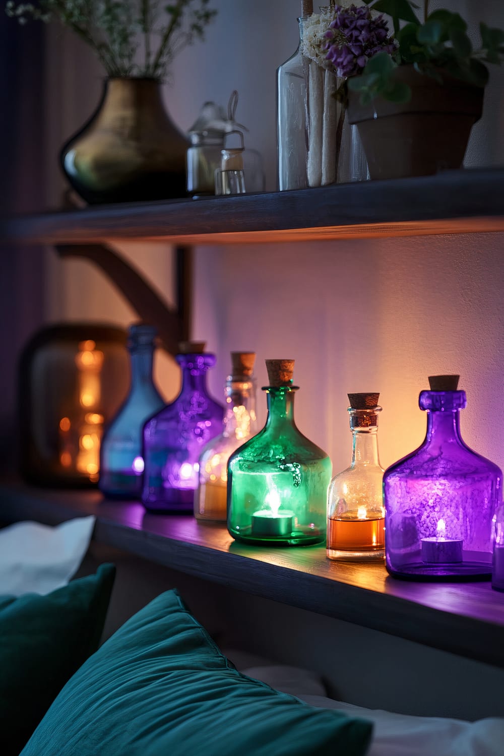 A bedroom features a floating shelf adorned with various illuminated potion bottles in rich jewel tones such as emerald green and sapphire blue. The shelf also includes potted plants and additional small glass containers. The room showcases a minimalist backdrop with soft candlelight effects, creating an enchanting and organized ambiance.