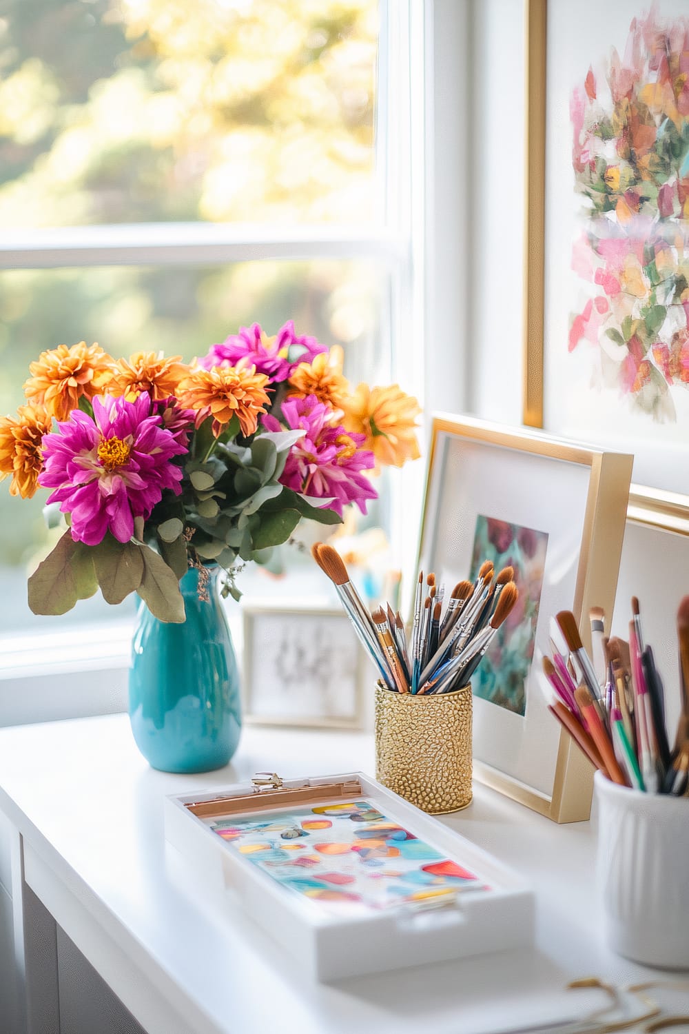 A stylish Thanksgiving craft station with a white desk, organized art supplies in vibrant colors such as teal, magenta, and gold. The station features a gold frame displaying a seasonal photo, a ceramic vase with bright autumn flowers, and a soft natural light illuminating the workspace.