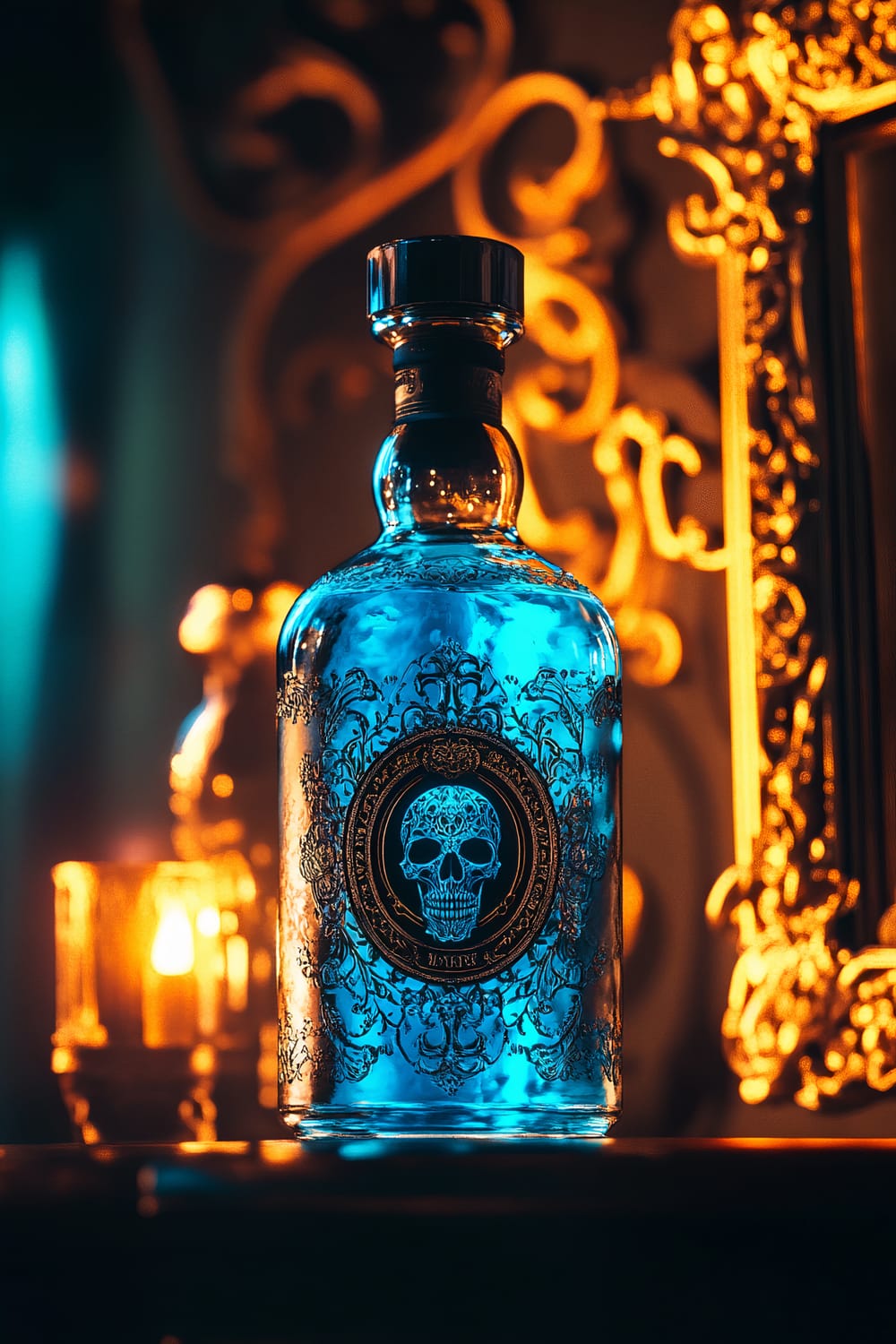 A scotch bottle glows with an eerie blue light, featuring an intricate black skull on the label. The bottle is placed in front of a shadowy mirror that reflects its illuminated light. Soft, moody ambient lighting highlights the ornate details of the mirror's golden frame in the background.