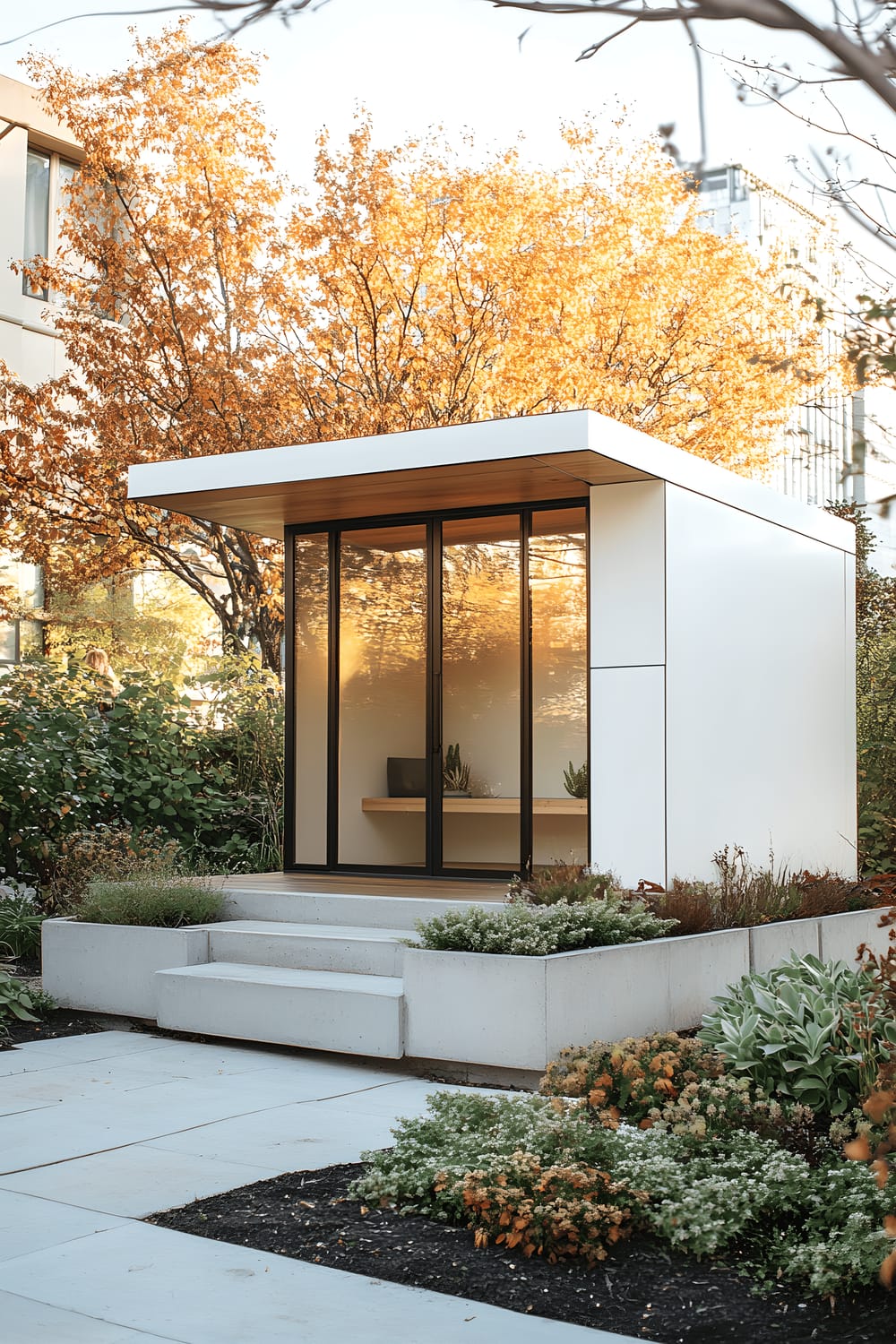 A compact, modern designed shed painted in stark white positioned in an urban garden. The shed features large clear glass windows. The garden includes a minimalistic grey concrete bench, and geometric planters holding succulent plants. The whole scene is gently lit with soft morning light casting defined shadows.