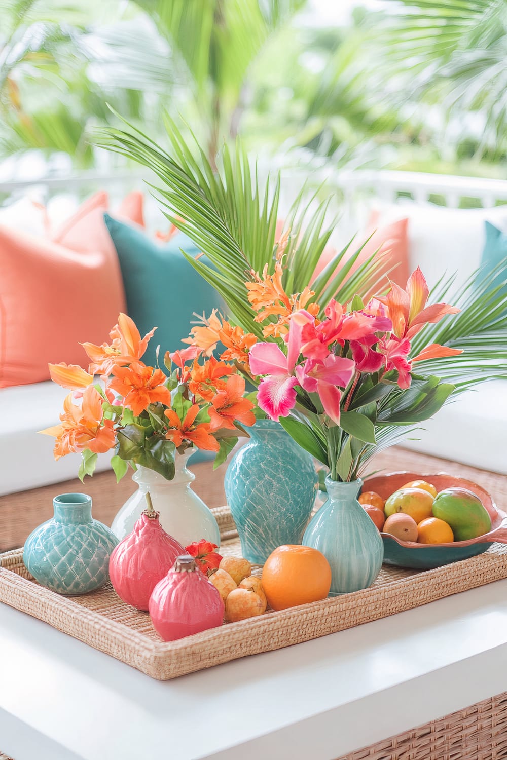 A tropical-inspired Thanksgiving coffee table setup featuring a white table adorned with vibrant orange and turquoise ceramic vases filled with exotic flowers. A woven bamboo tray holds a selection of colorful tropical fruits and small potted palms. Surrounding the table are light linen cushions in bright coral and teal on a natural rattan sofa, with lush green plants in the background.