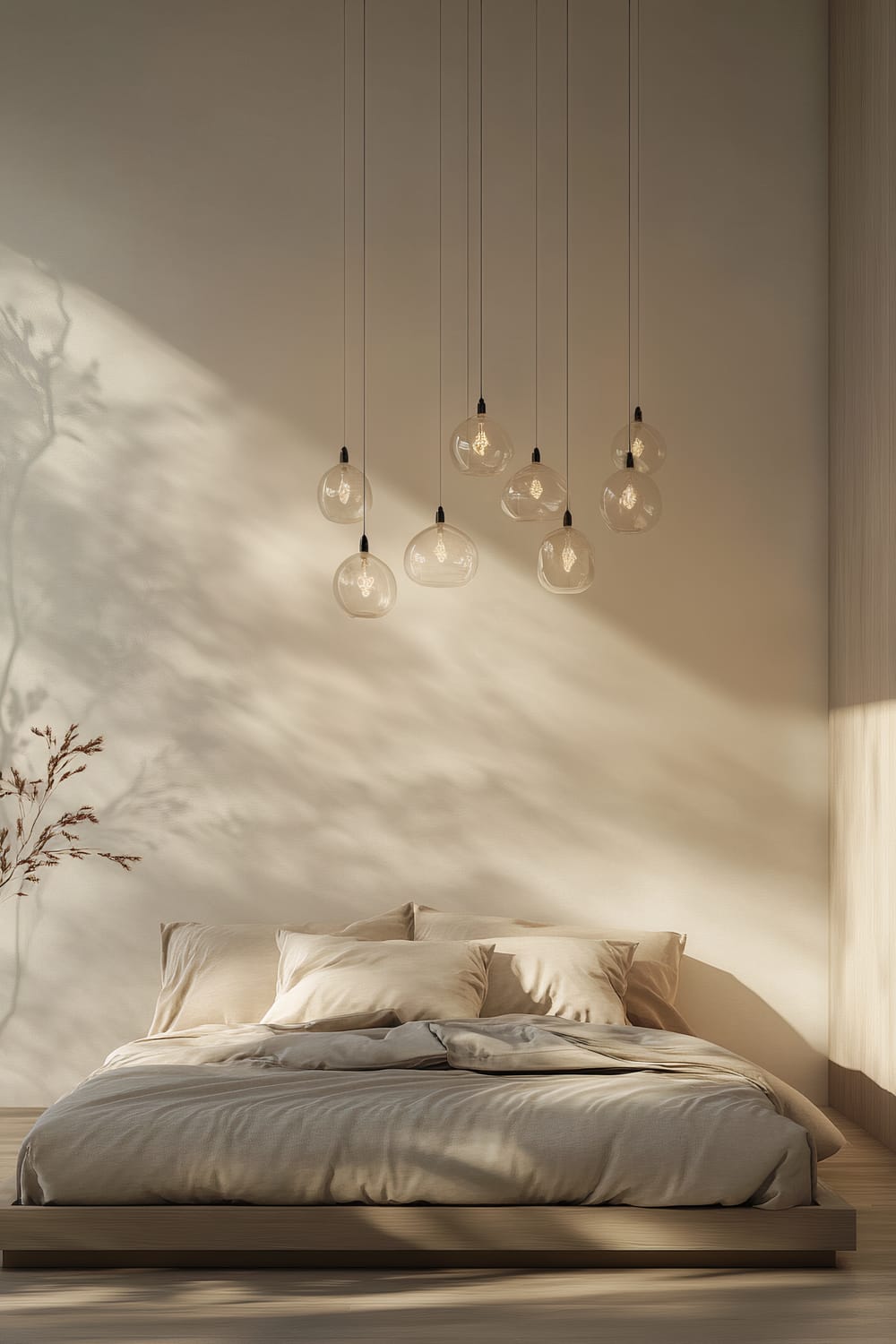 A modern bedroom with neutral tones featuring suspended glass lanterns hanging from the ceiling above a simple platform bed with crisp bedding. Natural light filters through, casting soft shadows on the light-colored walls, and a small branch with leaves is visible on the left side.