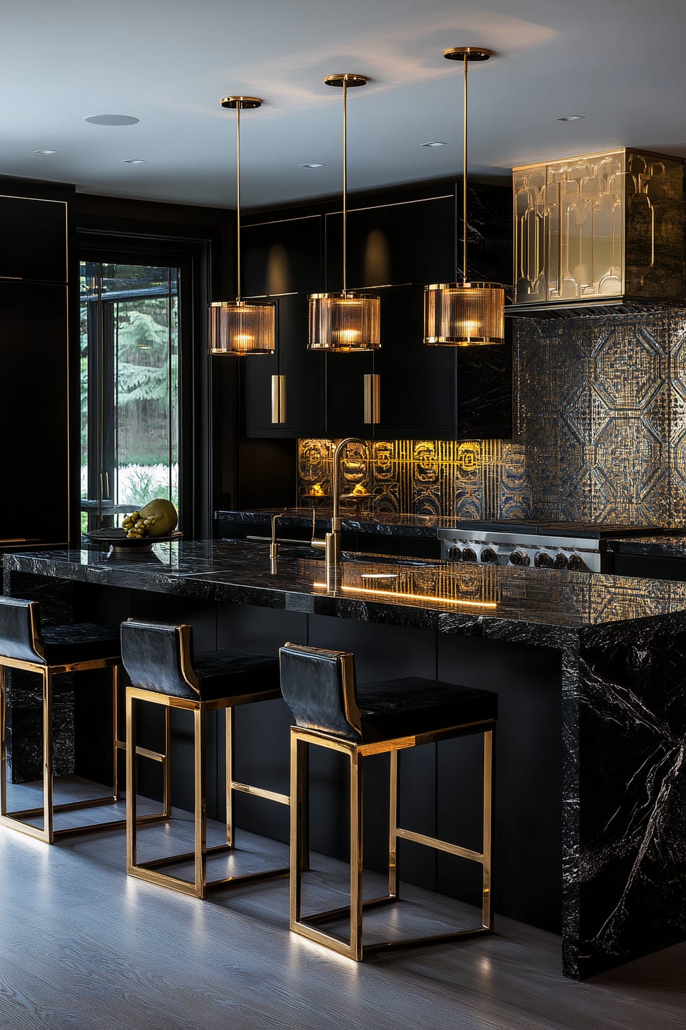 A luxurious kitchen featuring sleek, black cabinetry paired with intricate gold detailing. Three sophisticated pendant lamps with a cylindrical design hang over a spacious kitchen island with a polished, black marble countertop. Gold-framed stools with black cushions are neatly arranged along the island. The backsplash showcases an ornate, golden geometric pattern, complementing the overall opulence of the space. A large window on the left provides a view of lush greenery outside.