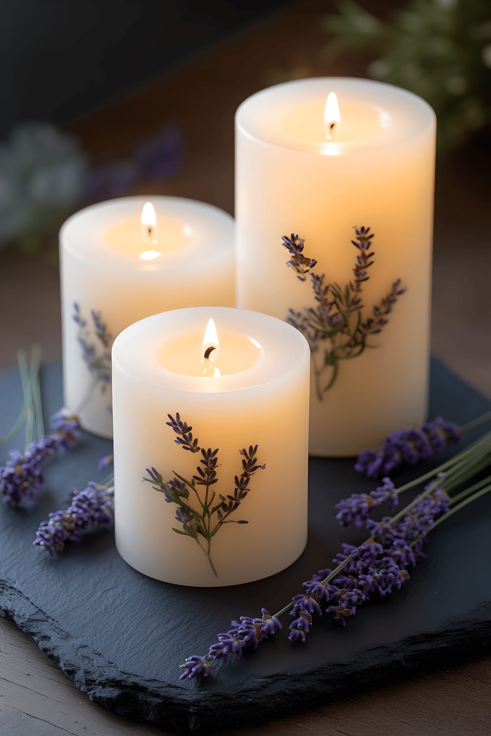 A close-up image of three cylindrical candles of different sizes, made from natural soy wax with lavender buds embedded within. They are arranged symmetrically on a smooth slate surface, with soft, flickering light highlighting their details and creating a calming ambiance.